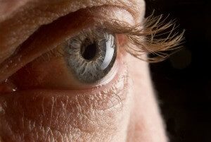 Close-up photo of a human eye with flashes and floaters